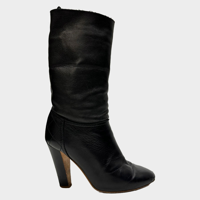 Chanel women's black leather heeled boots