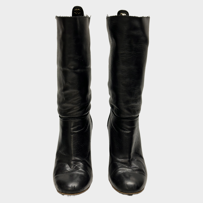 Chanel women's black leather heeled boots