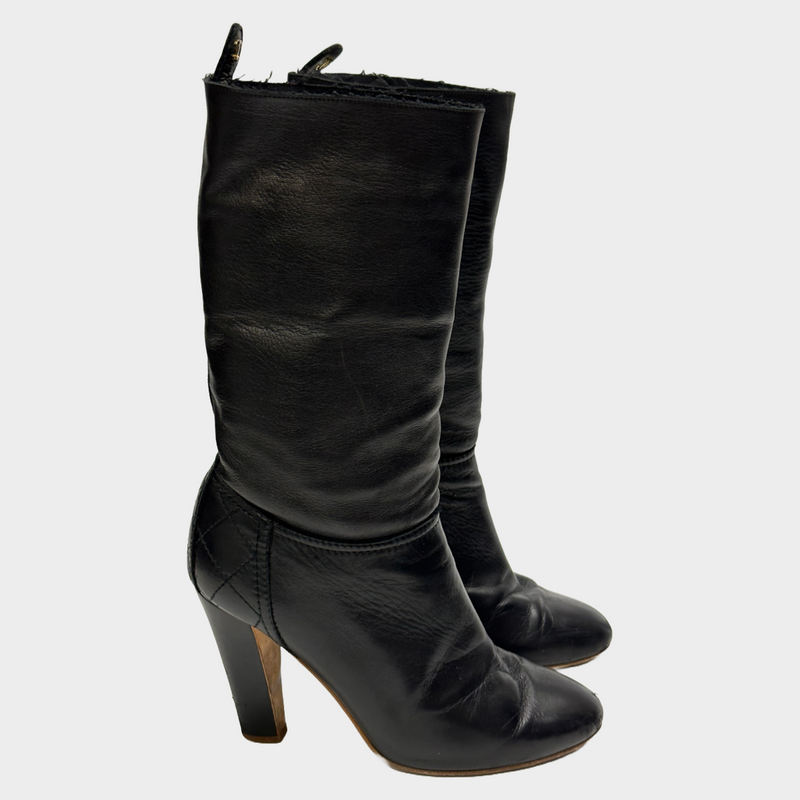 Chanel women's black leather heeled boots