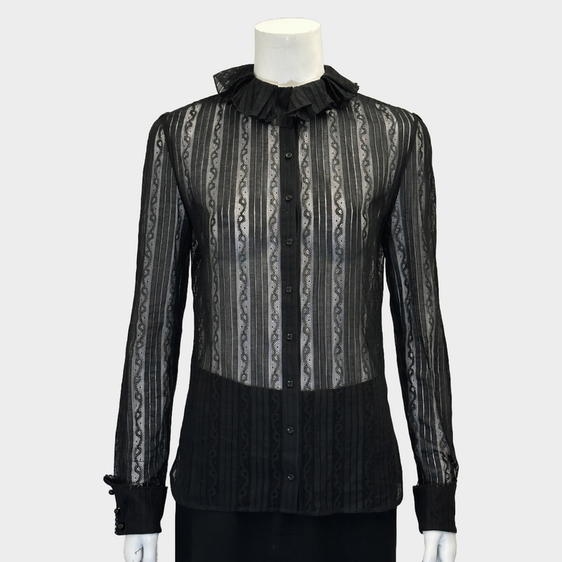 Saint Laurent women's black cotton lace shirt with frilled collar