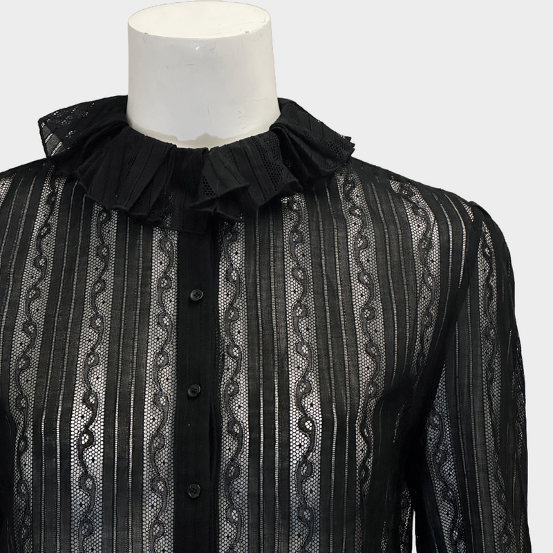 Saint Laurent women's black cotton lace shirt with frilled collar