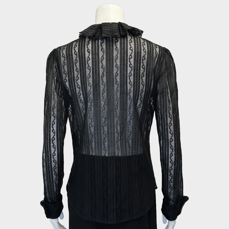 Saint Laurent women's black cotton lace shirt with frilled collar