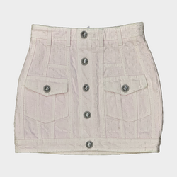 Balmain pink perforated denim buttoned mini skirt