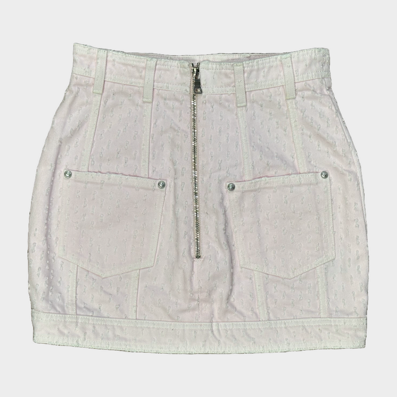 Balmain pink perforated denim buttoned mini skirt