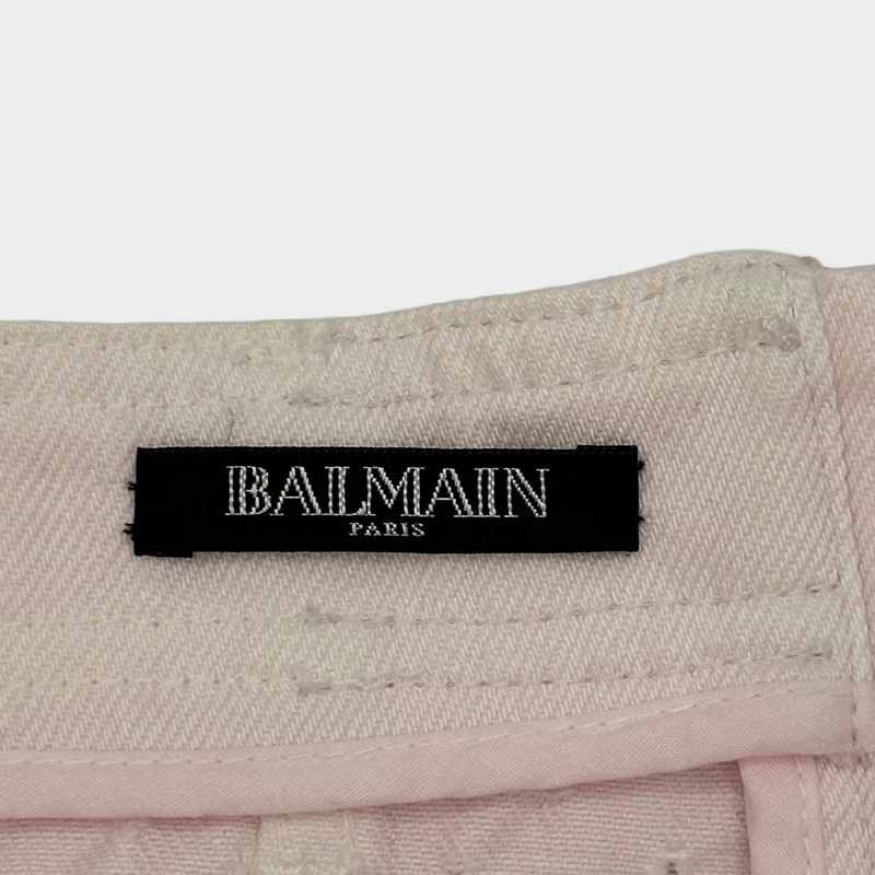 Balmain pink perforated denim buttoned mini skirt