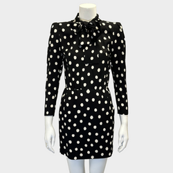 Saint Laurent black and white polka dot viscose mini dress with bow detail at the collar