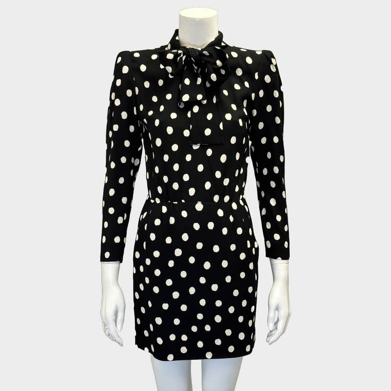 Saint Laurent black and white polka dot viscose mini dress with bow detail at the collar