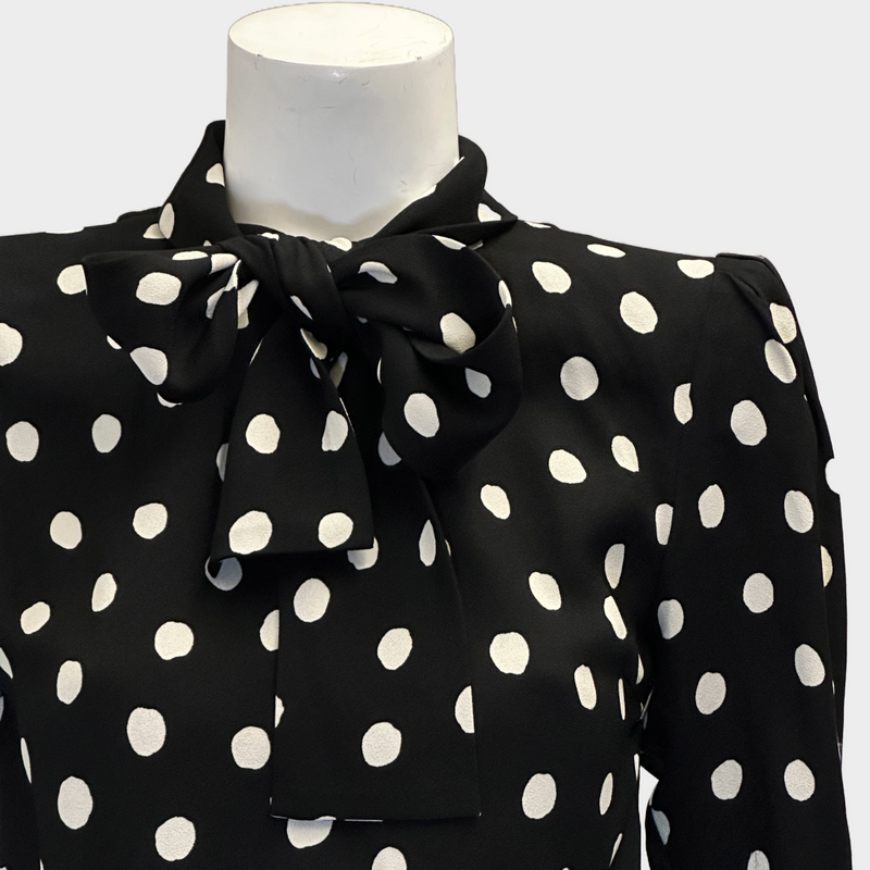 Saint Laurent black and white polka dot viscose mini dress with bow detail at the collar