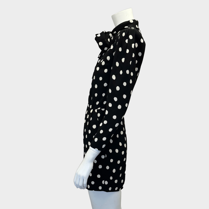 Saint Laurent black and white polka dot viscose mini dress with bow detail at the collar