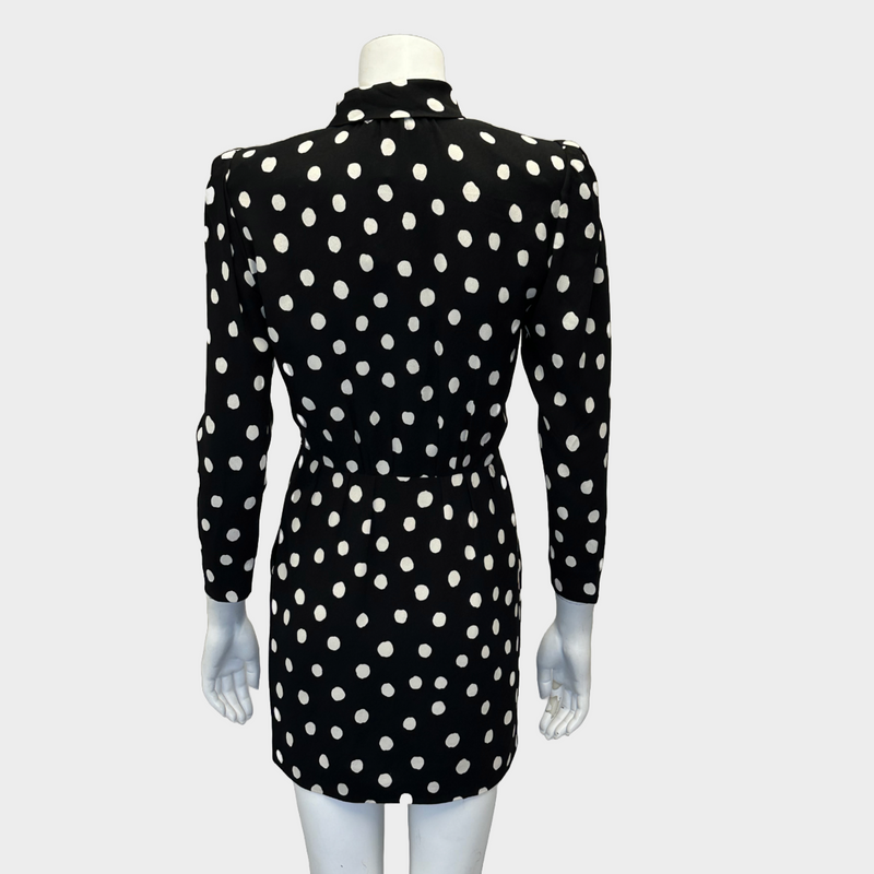 Saint Laurent black and white polka dot viscose mini dress with bow detail at the collar