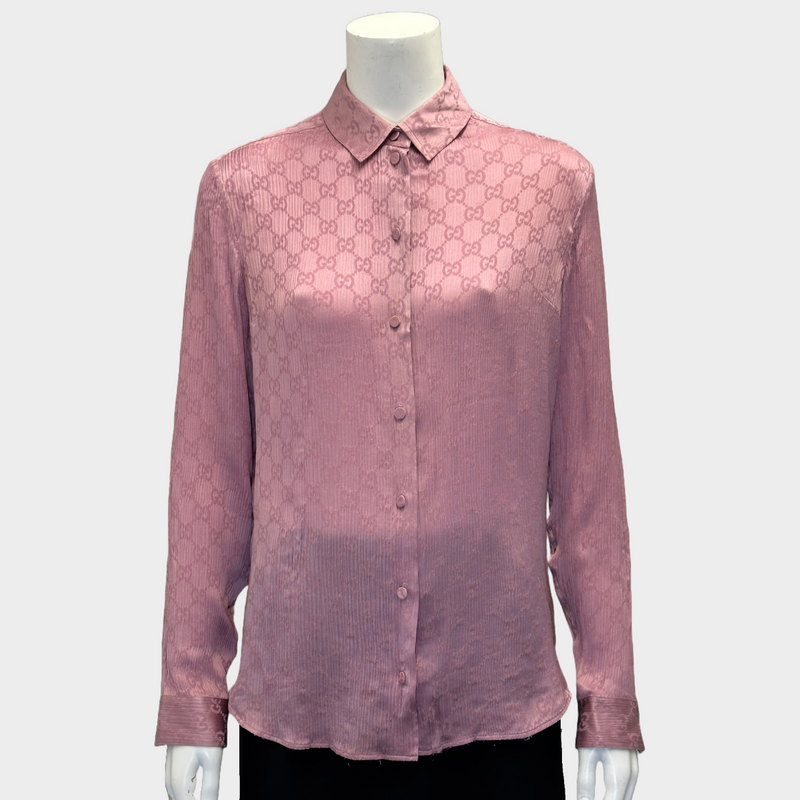 Gucci women's pink monogram silk pleated long sleeved shirt