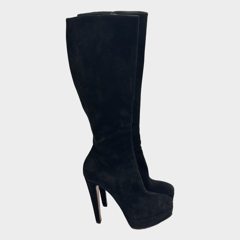 Christian Louboutin women's black suede platform knee boots