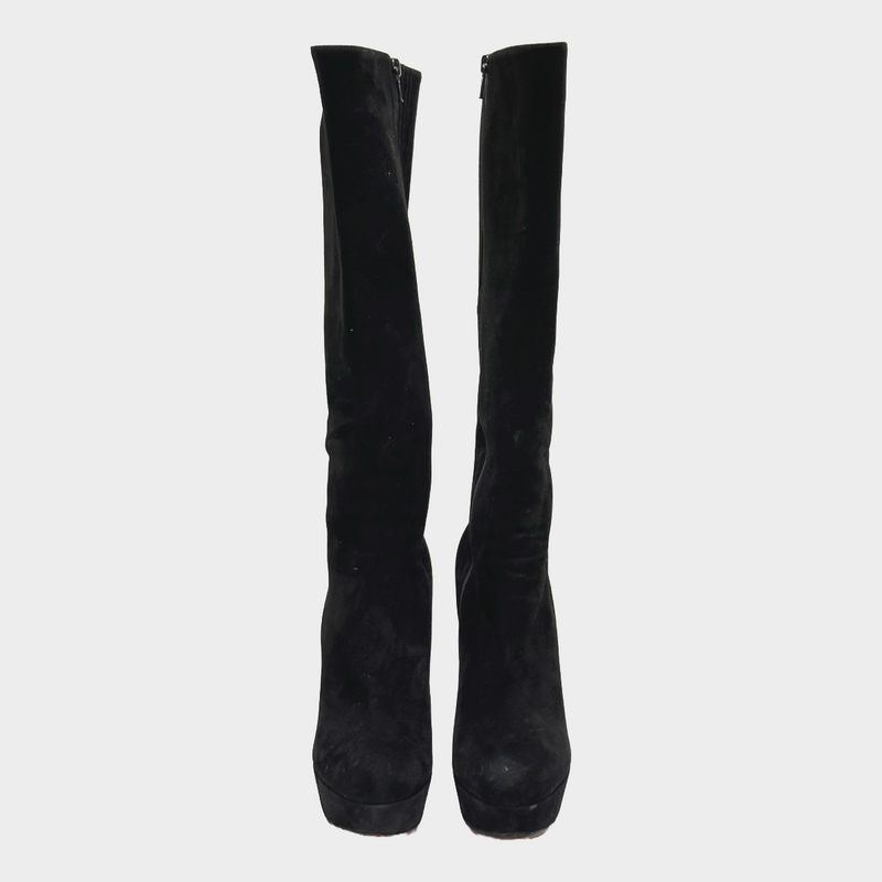 Christian Louboutin women's black suede platform knee boots