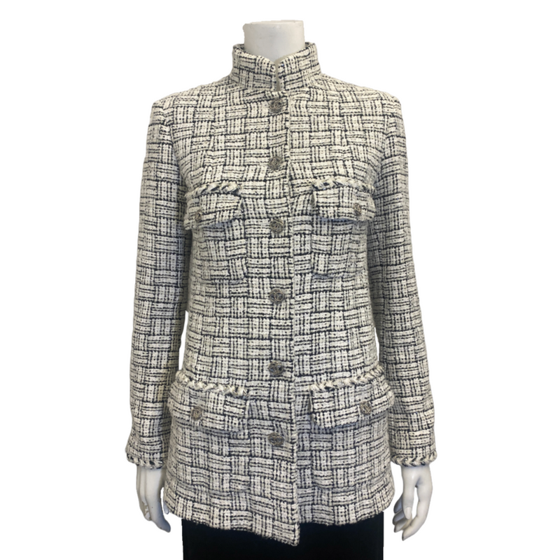 Chanel women's black and white tweed jacket with silver buttons