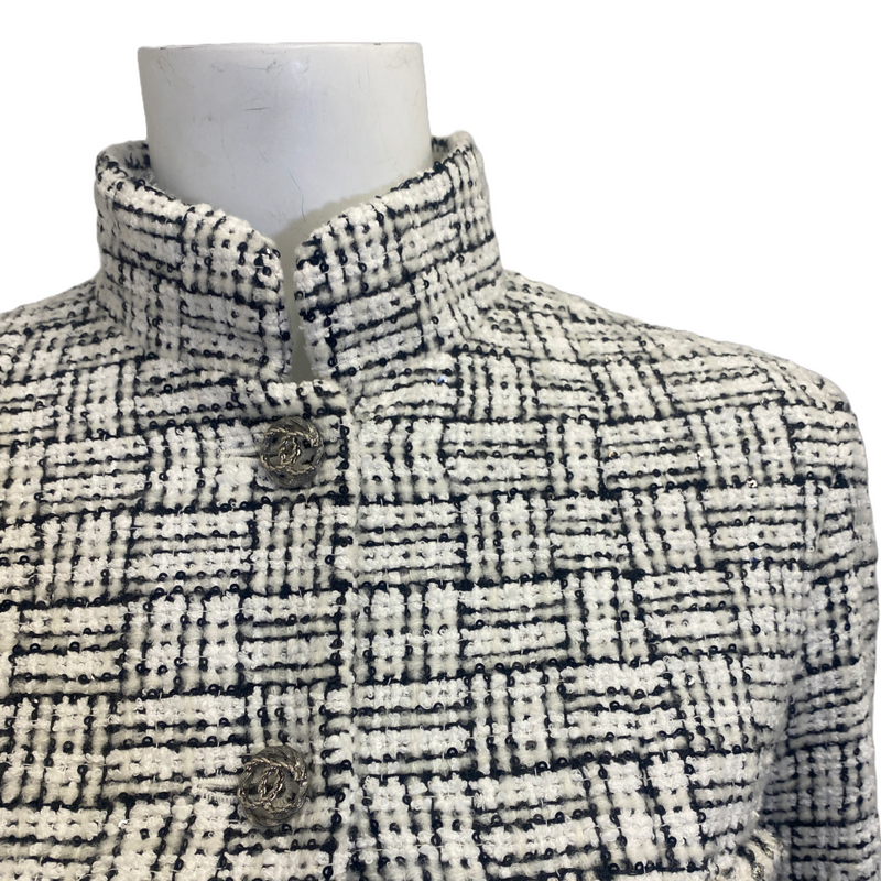 Chanel women's black and white tweed jacket with silver buttons