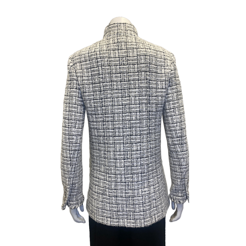 Chanel women's black and white tweed jacket with silver buttons