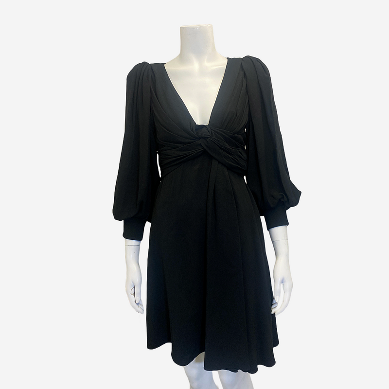 CELINE women's black viscose 3/4 sleeves mini dress with front knot