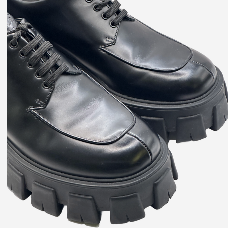 Prada women's black brushed leather Monolith lace-up shoes