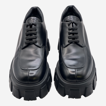 Prada women s black brushed leather Monolith lace up shoes Loop Generation