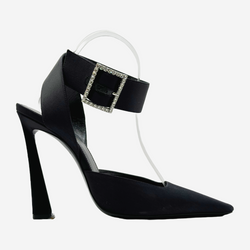 Saint Laurent black satin evening heels with crystal buckle detail