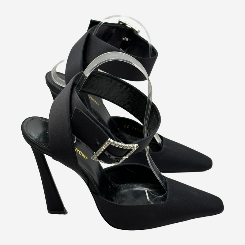 Saint Laurent black satin evening heels with crystal buckle detail