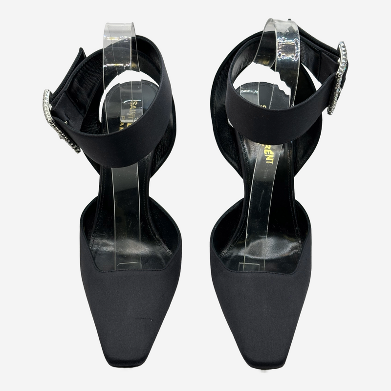 Saint Laurent black satin evening heels with crystal buckle detail