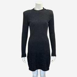 Balmain black metallic polyamide long sleeved dress with gold button on the shoulder