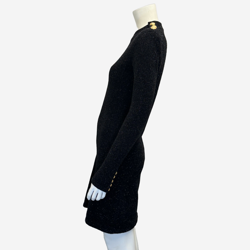 Balmain black metallic polyamide long sleeved dress with gold button on the shoulder