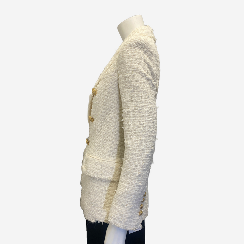 Balmain women's white tweed blazer with golden buttons