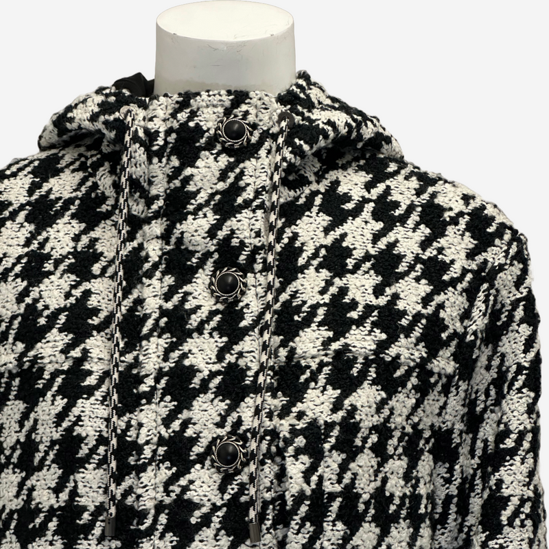 Chanel women's black and white houndstooth wool blend coat with hood