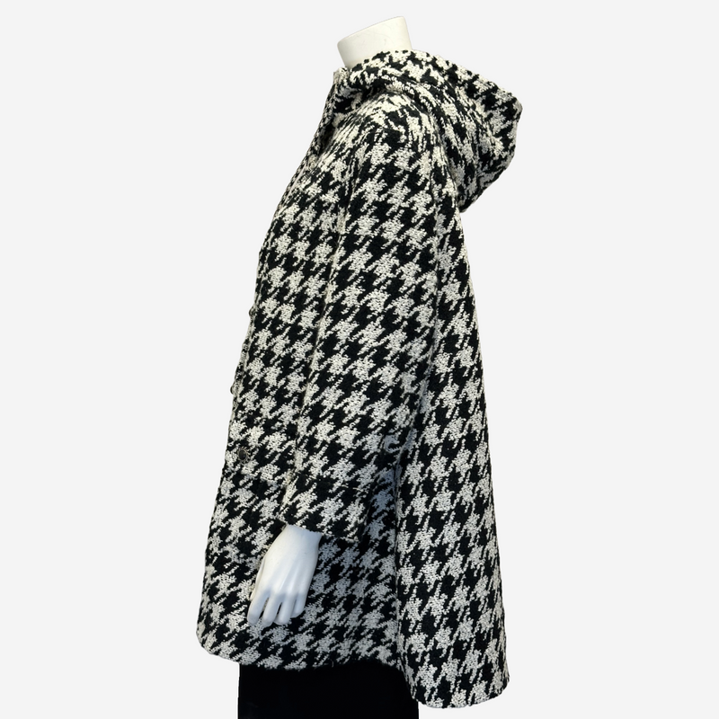 Chanel women's black and white houndstooth wool blend coat with hood