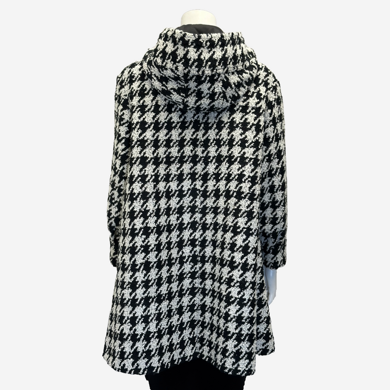 Chanel women's black and white houndstooth wool blend coat with hood