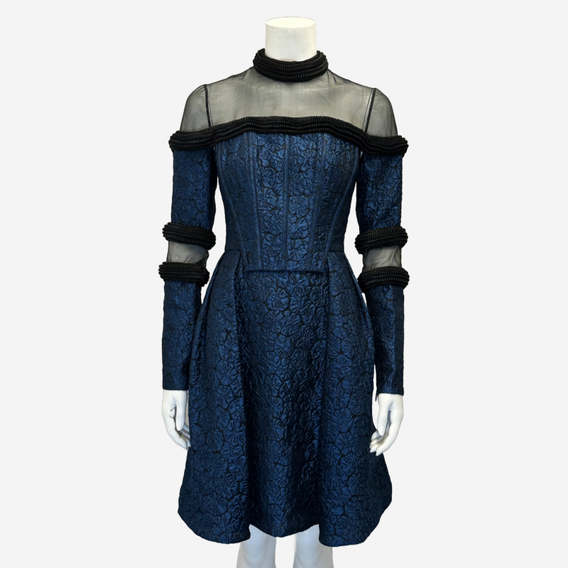 Erdem blue and black flower brocade long sleeved dress