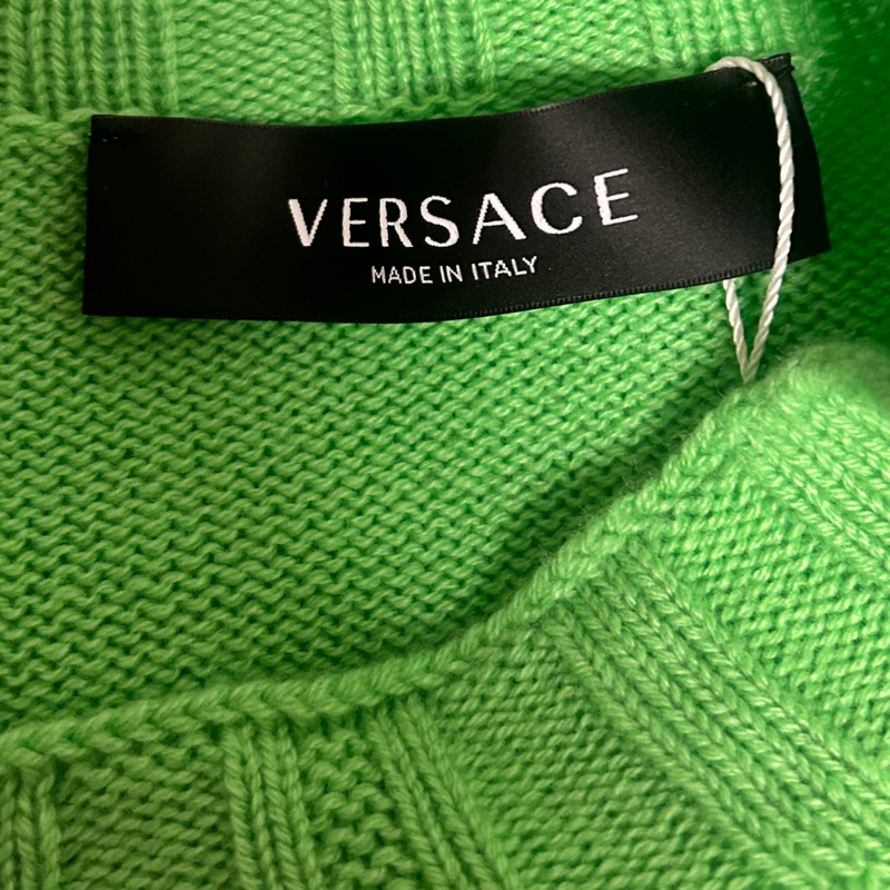 Versace men's lime green cashmere sweater with pink logo embroidery