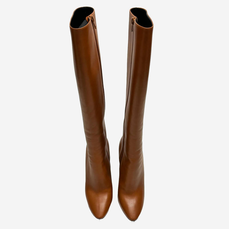 Saint Laurent women's tan leather knee high heeled boots