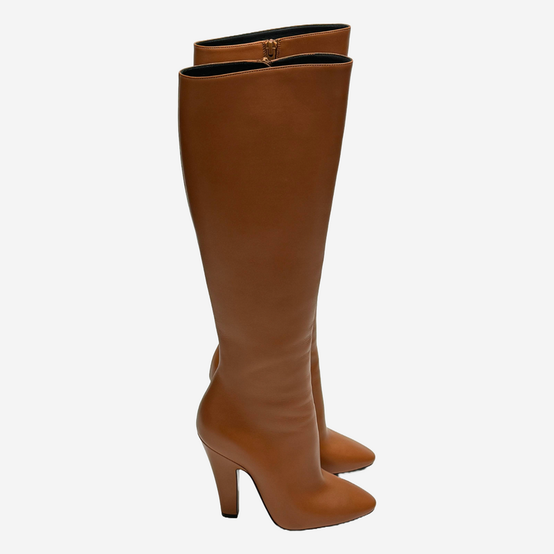 Saint Laurent women's tan leather knee high heeled boots