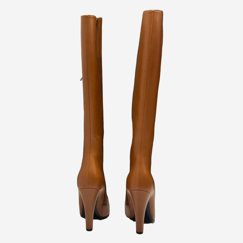 Saint Laurent women's tan leather knee high heeled boots