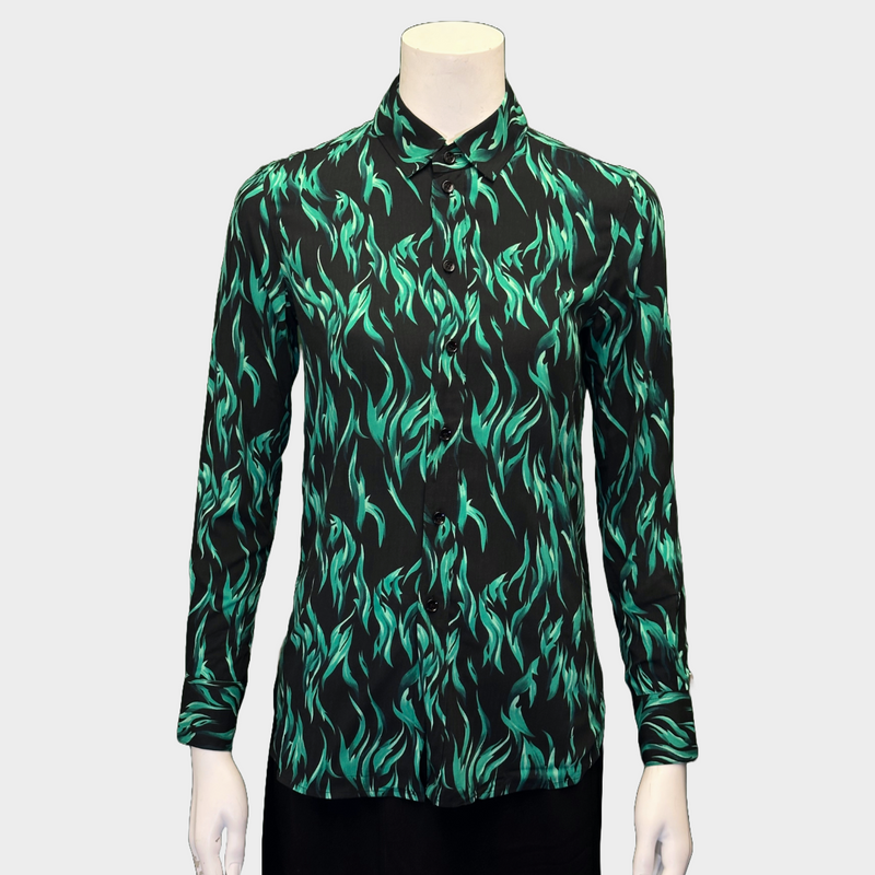 Saint Laurent women's black and green leaves print long-sleeved shirt