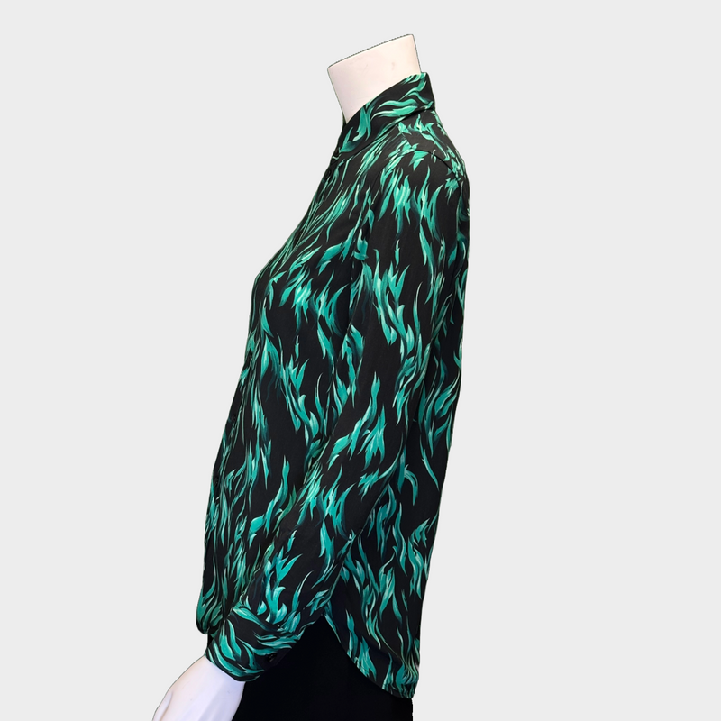 Saint Laurent women's black and green leaves print long-sleeved shirt