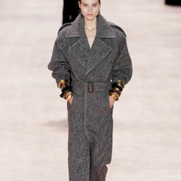 Saint Laurent Grey Herringbone Wool-Blend Tweed Coat