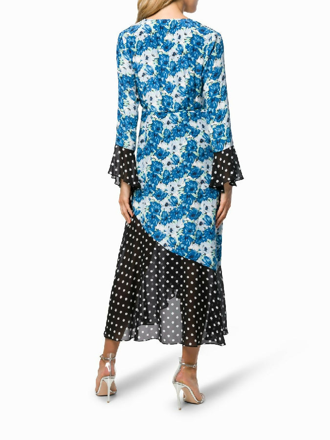 Rixo blue floral print silk Luna wrap dress