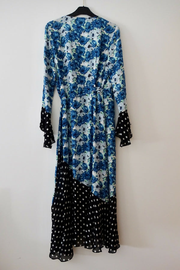 Rixo blue floral print silk Luna wrap dress