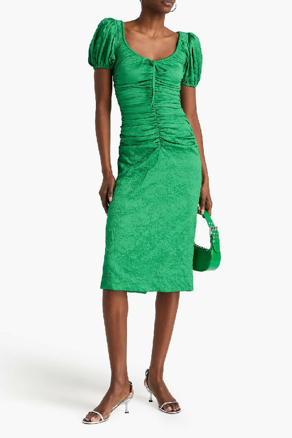 Ganni women's green ruched midi dress