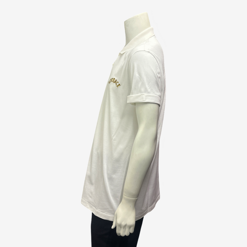 Versace men's white cotton polo shirt with gold logo embroidery