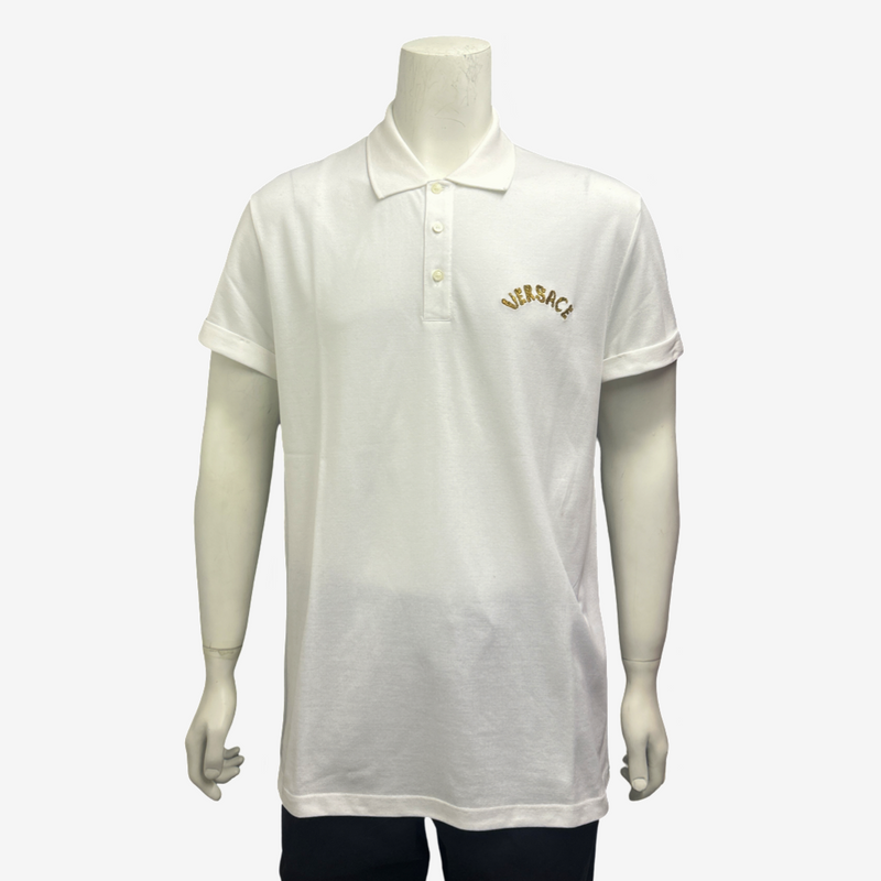 Versace men's white cotton polo shirt with gold logo embroidery