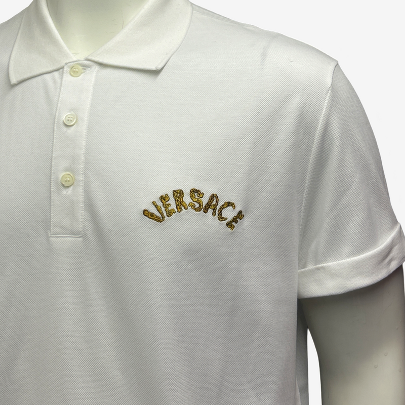 Versace men's white cotton polo shirt with gold logo embroidery