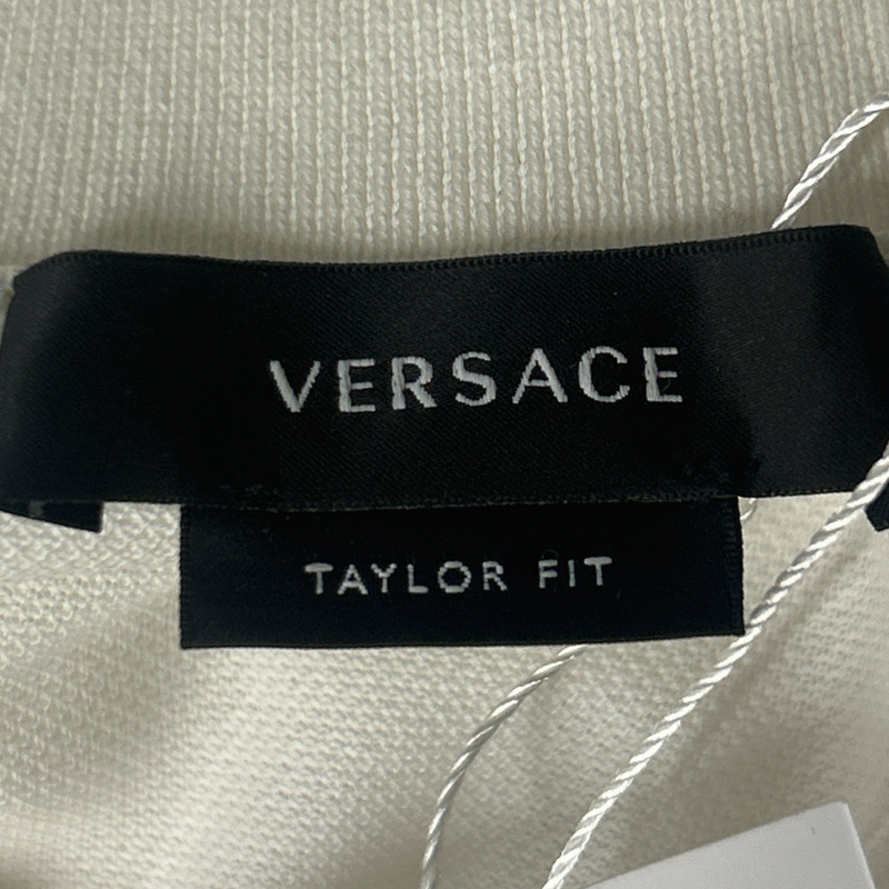 Versace men's white cotton polo shirt with gold logo embroidery