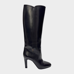 Saint Laurent women's Jane 90 dark brown leather knee-high boots with logo