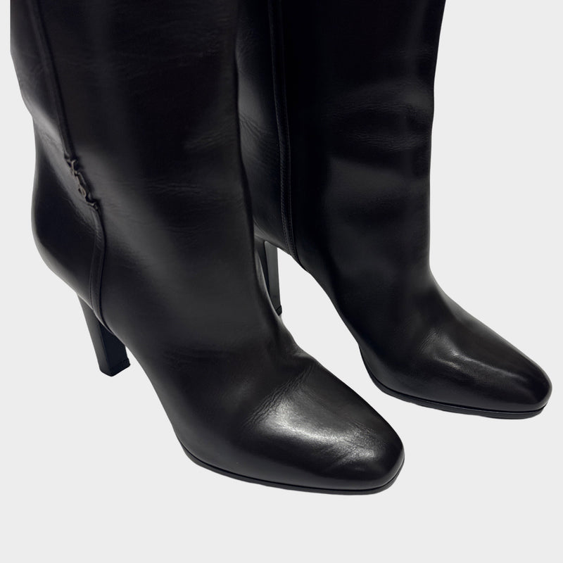 Saint Laurent women's Jane 90 dark brown leather knee-high boots with logo