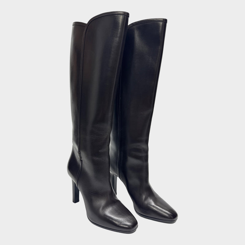 Saint Laurent women's Jane 90 dark brown leather knee-high boots with logo